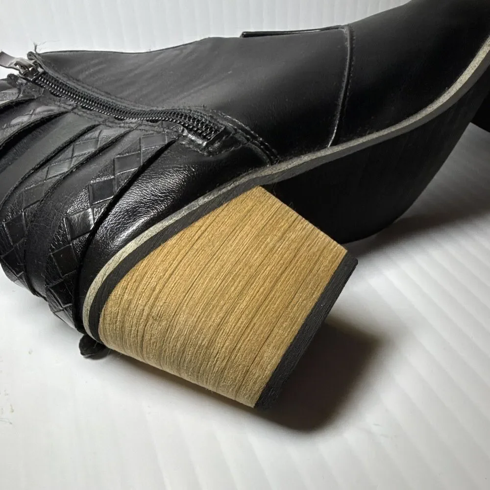 Black Faux Leather Ankle Bootie Almond Toe Side Zip Buckle Strap Women's 8.5 - Picture 6 of 8